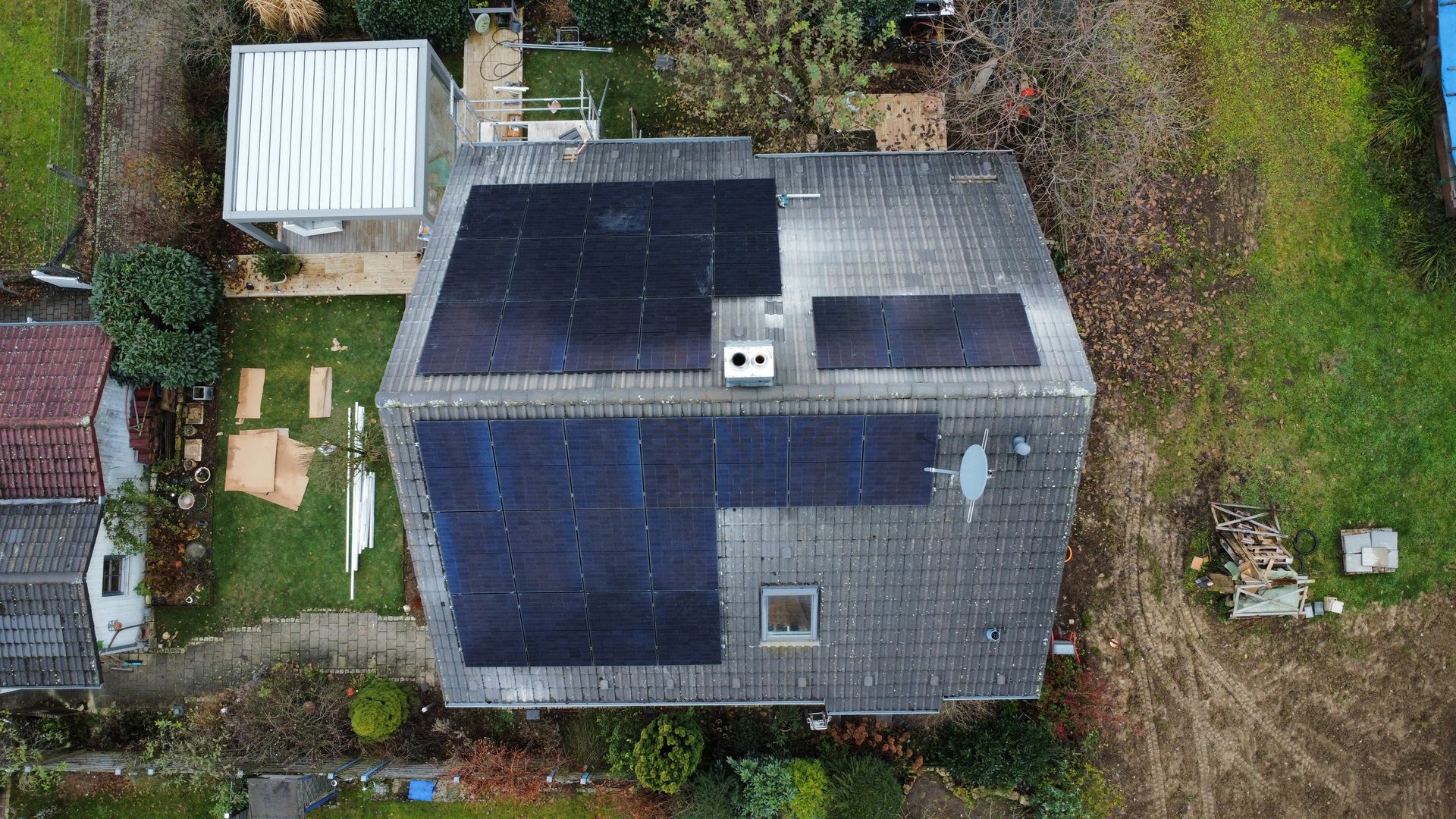 Suburban solar installation drone view